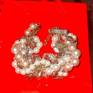 Ann Taylor pearl, rhinestones and gold beads bracelet